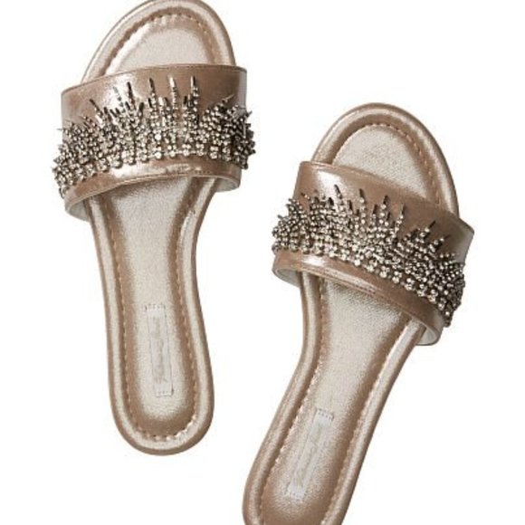 *VICTORIA'S SECRET I Fringe Rhinestone Velvet Slides champagne color. - Picture 2 of 3
